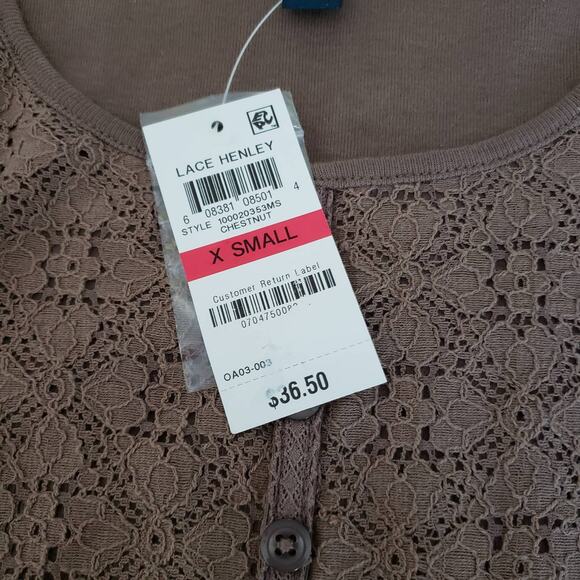 2 For $5 Sale NWT Karen Scott Brown Eyelet Lace Henley Top XS - Picture 5 of 9